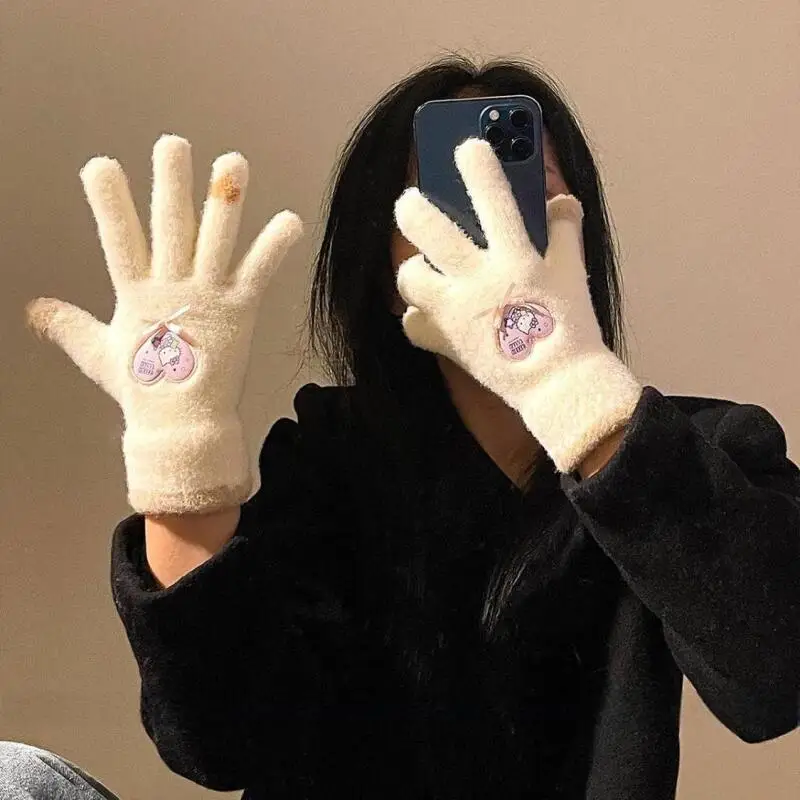 

Sanrio Hello Kitty Girl Glove Winter Thicken Finger Separation Cold Protection Cycling Kawaii Anime Cartoon Fashion New Glove