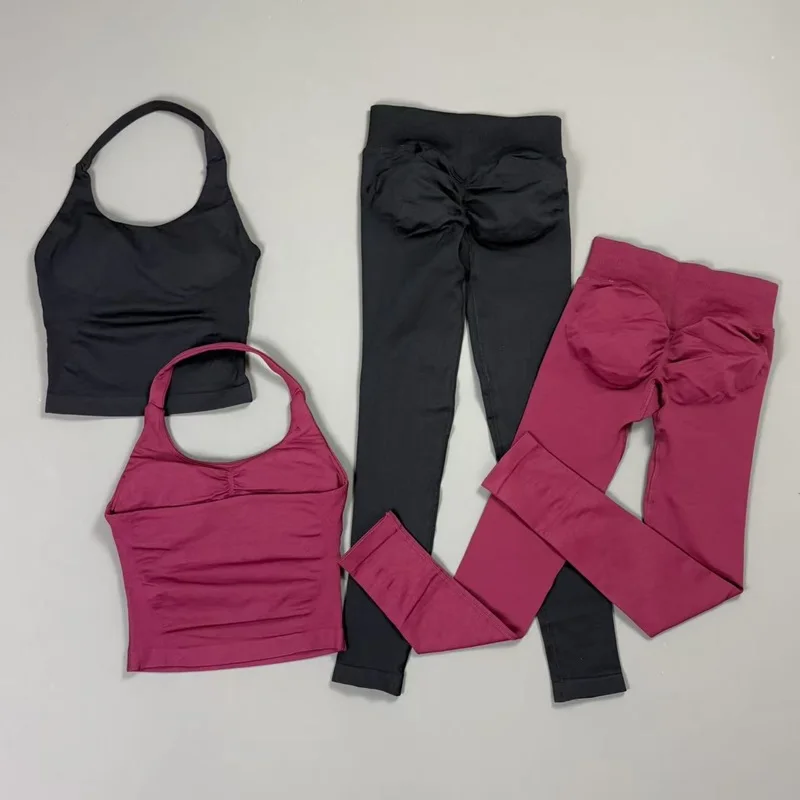 2 Pcs Sports Set Women Seamless Breathable Open Back Activewear Scrunch Butt Workout Leggings Yoga Suit Fitness Workout Sets