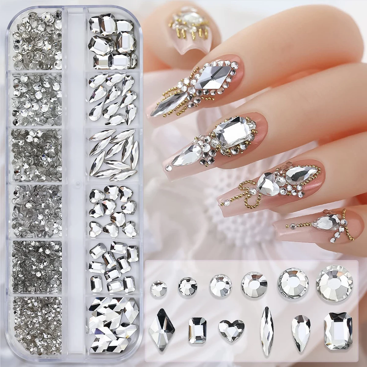 12 palace grid / 1 box of transparent plating bottom nail water diamond heart, water drop, and other size mixed nail flat bottom