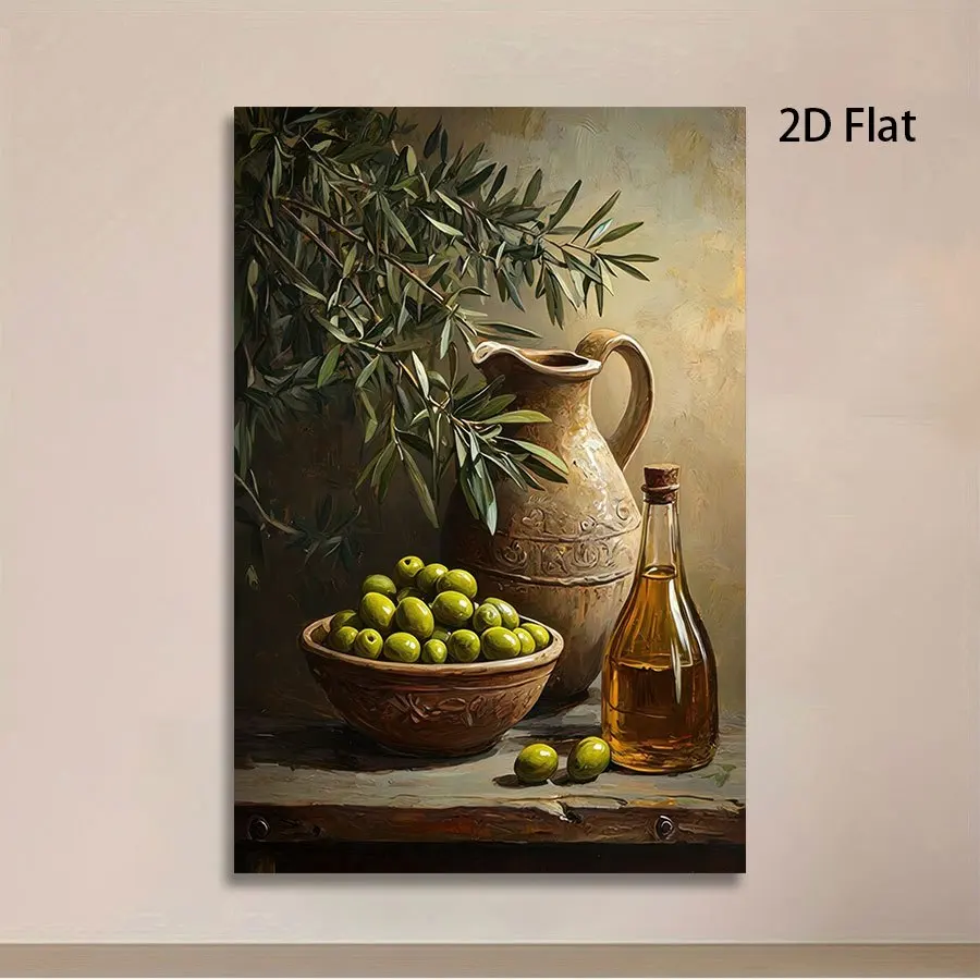 Modern Minimalist Olive Branch Still Life Canvas Poster - Vertical Olive Painting Suitable for Home Office Kitchen Wall Decor, C