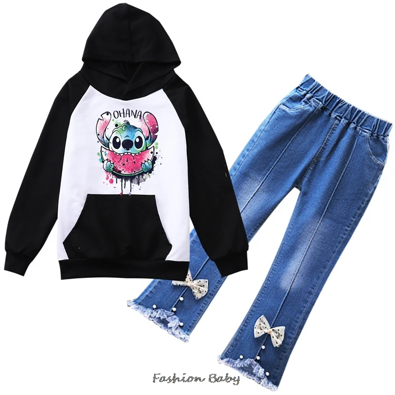 Hot Lilo And Stitch Girls Fashion Tracksuit Clothes Children Teen Spring Kids Casual Hooded T-Shirt+Jeans Pants 2Pcs Set 2-16Y