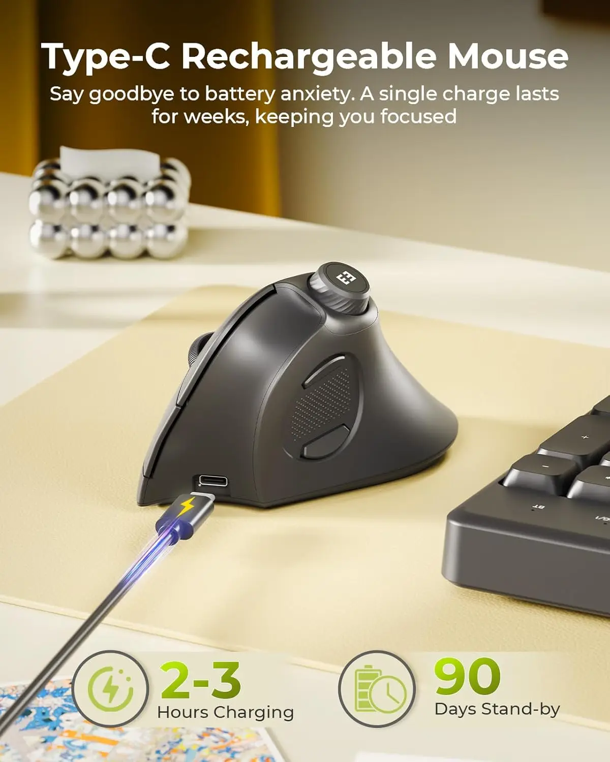 Seenda MOU302 Vertical Ergonomic Wireless Mouse Rechargeable Quiet Mice 1000-2400 DPI Adjustable Right Hand Mice for Office PC