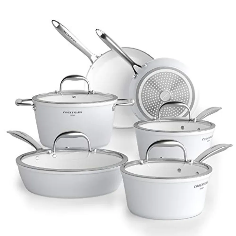 

Nonstick Ceramic Cookware Set for Induction and Dishwasher Use, White, Scratch-Resistant Pots and Pans with Glass Lids, 10-Piec