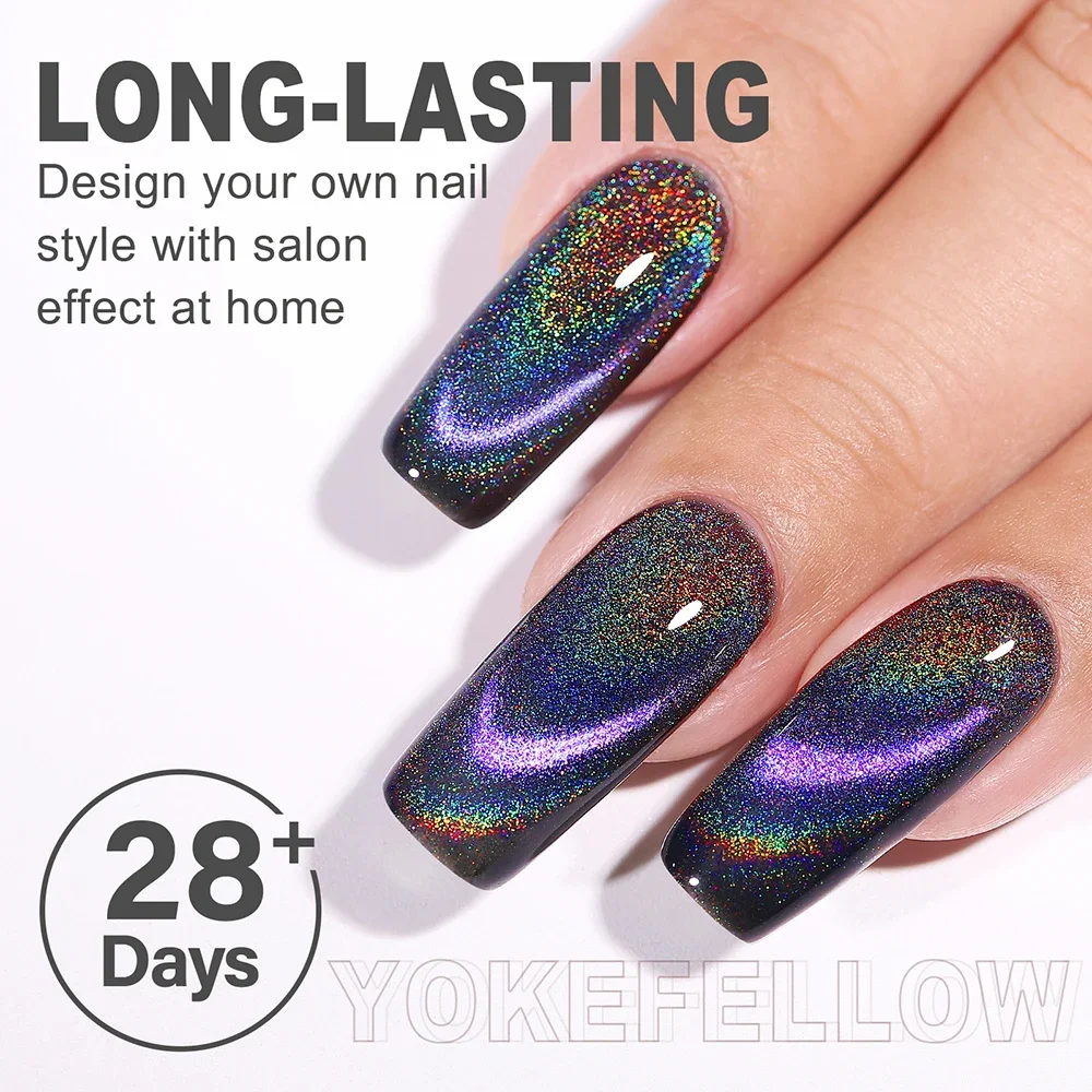 YOKEFELLOW 2023New Holographic Shimmers Cat Eyes Magnetic Gel Nail Polish DC05 Mixed by Black Clear Semi permanent Gel Varnishes