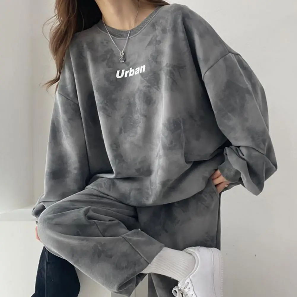 Comfortable Sport Suit Trendy Tie Dye Print Women's Sportwear Stylish O-neck Pullover Tops Loose Fit Long for Autumn/winter