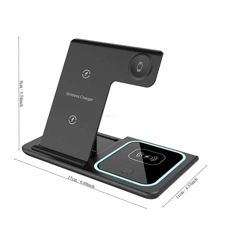 3-in-1 Fast Wireless Charger Stand For iPhone 15 14 13 12 11 Foldable Charging Station for Apple Watch 9 8 7 6 5 Airpods Pro