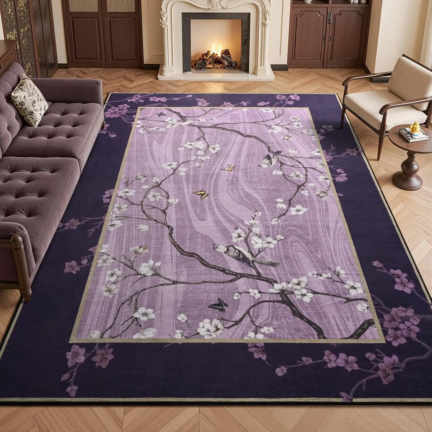 Purple Floral and Bird Floor Mat Plum Blossom Print Non-Slip Washable Rug for Entryway Hallway Living Room Indoor Home Decor