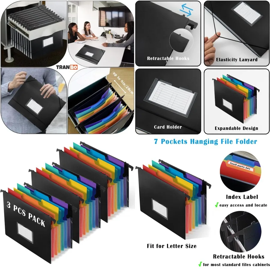 

Подвесная папка для файлов с 7 карманами и выдвижными крючками для картотеки, расширяемый органайзер для файлов-гармошка формата Letter с El