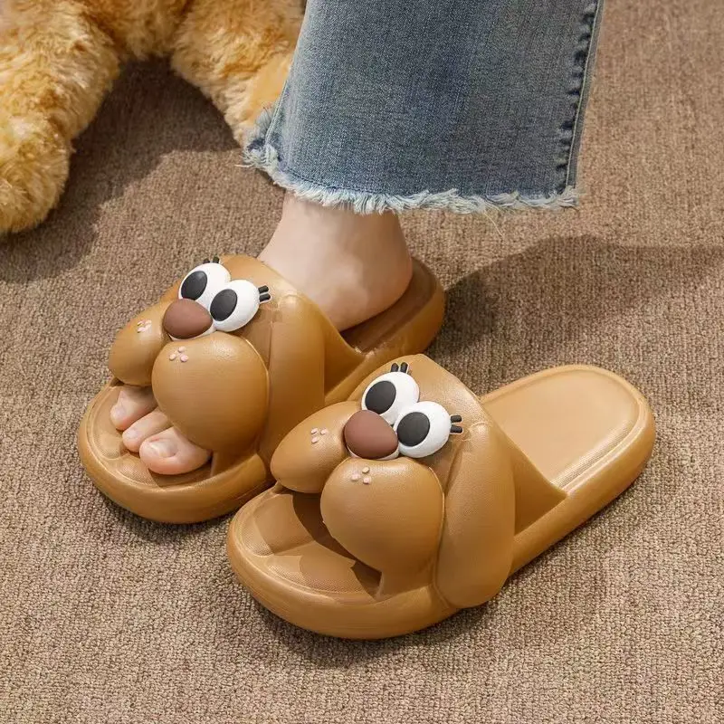 

Женские летние новые домашние тапочки с рисунком собаки, открытый носок, толстая подошва, нескользящие легкие уличные пляжные тапочки, тапочки для ванной комнаты