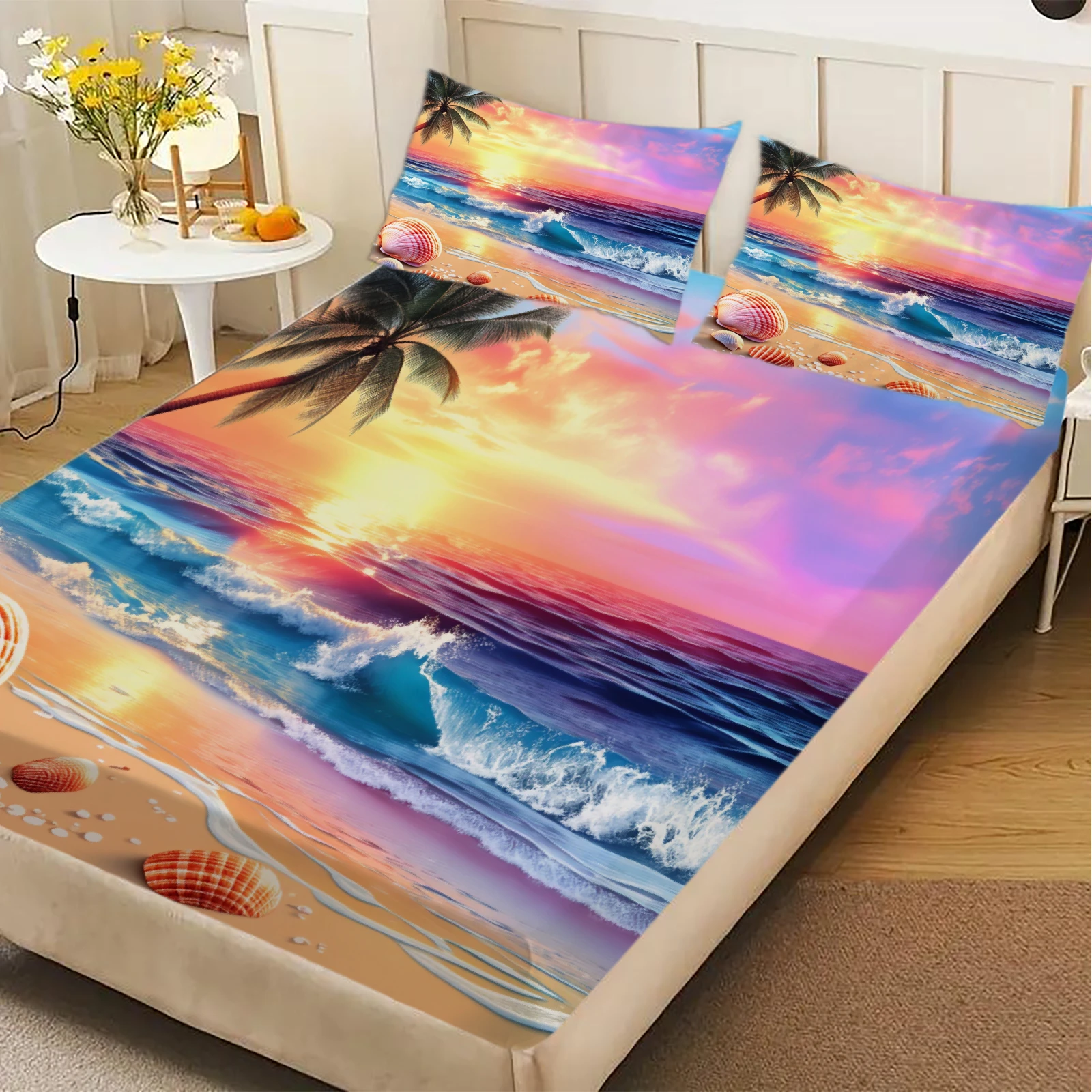Beach Sunset Fitted Sheet Set Multicolor Tropical Ocean Waves Palm Trees Seashells Print Bedding With Pillowcases For Bedroom