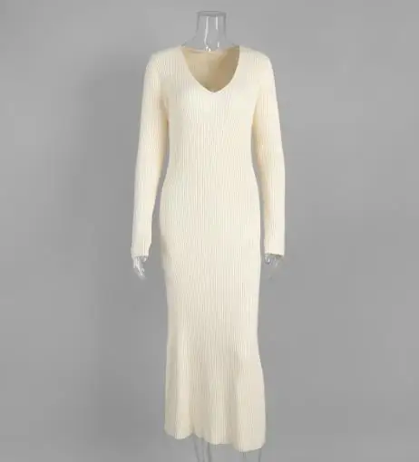 Otoño e Invierno 2025 nuevo estilo vestido largo de punto ajustado con cuello en V para mujer, vestido de punto elegante y sencillo