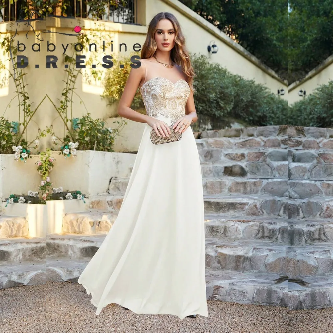 BABYONLINE Boho WeddingDresses Illusion Sweetheart Gold Appqulies Bodice  Elegant Gown Chiffon A-line Skirt Mermaid Bridal Gowns