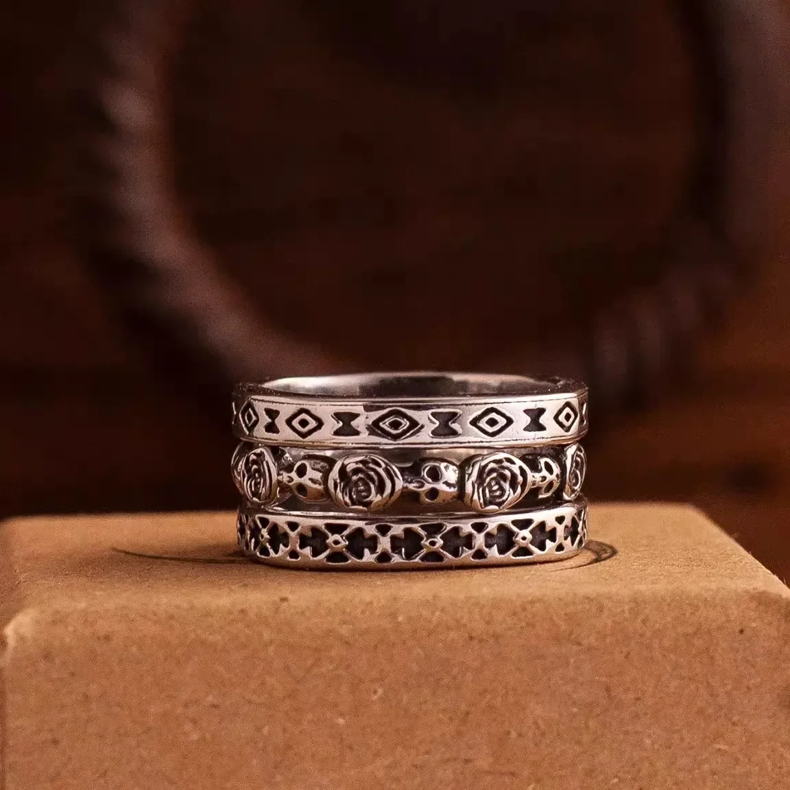 Anillo 3 en 1 con tótem étnico Navajo retro americano de pedido natural, talla grande para hombre