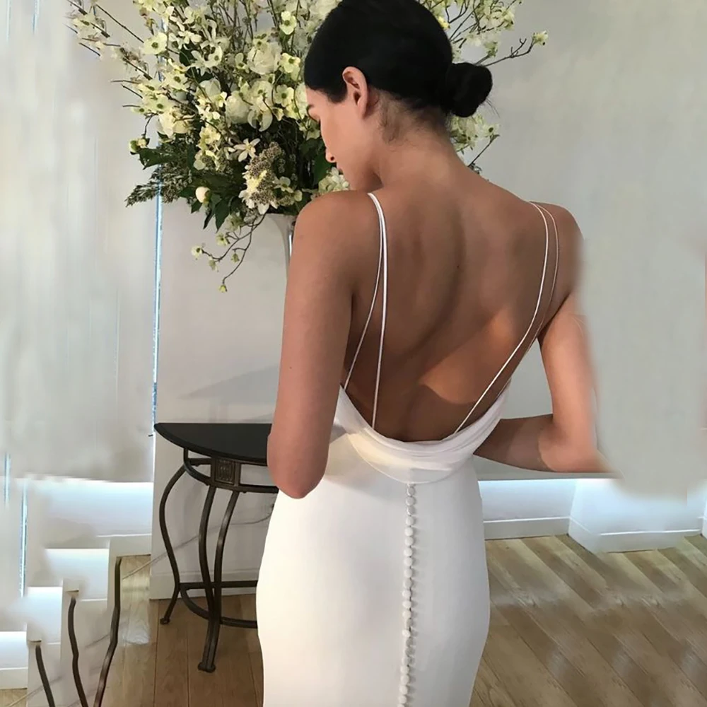 Spaghetti-trägern Crepe Backless Hochzeit Kleid Plus Größe Zipper Gugel Hinter Nach Maß Mantel V-ausschnitt Brautkleider Mit Zug