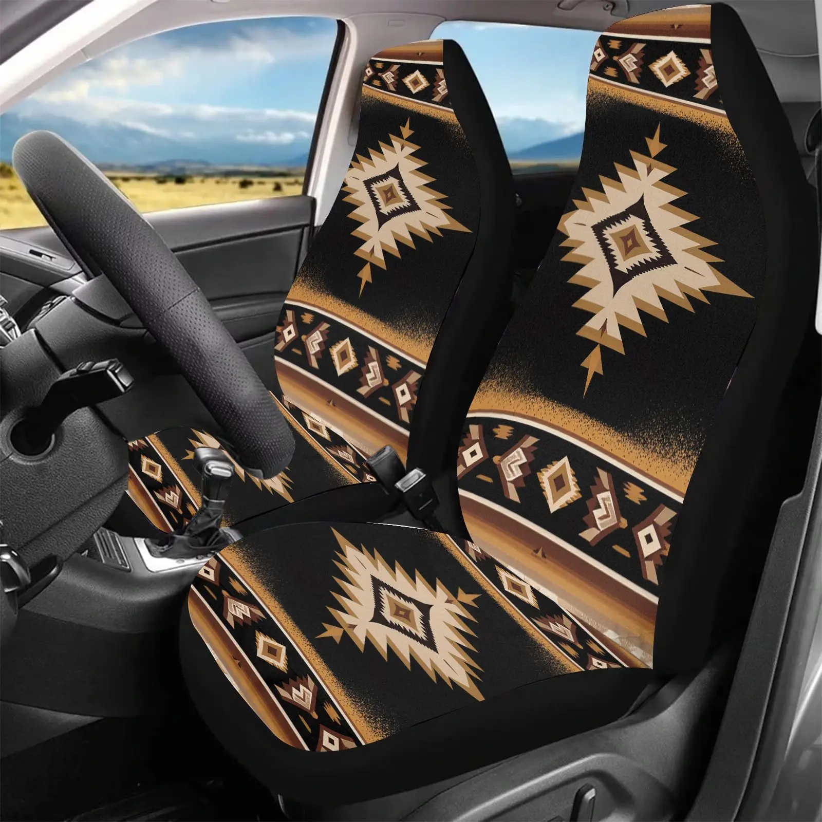 Car Seat Covers Black With Tribal Pattern And Geometric Design For Vehicle Interior Decoration