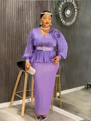 Elegant African Dresses for Women Autumn Africa V-neck Sequin Short Sleeve Party Evening Long Maxi Dress Outfits Africa Clothing