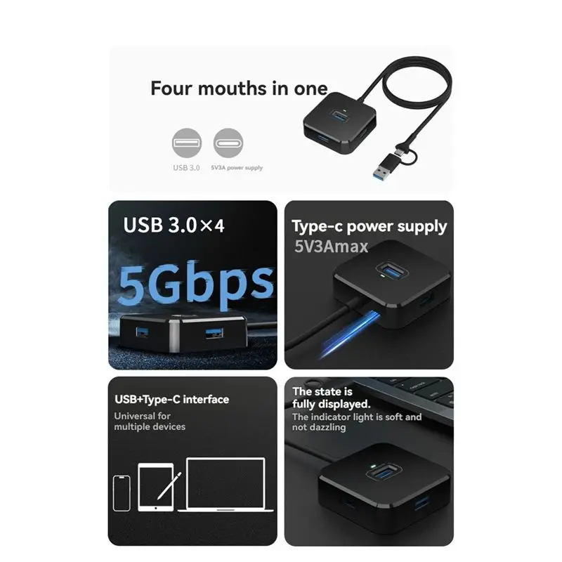 N34R-One Drag Four Expansion USB 3.0 HUB Splitter 4-In-1 Dock U Disk Multi-Interface Extension Laptop Compatibility