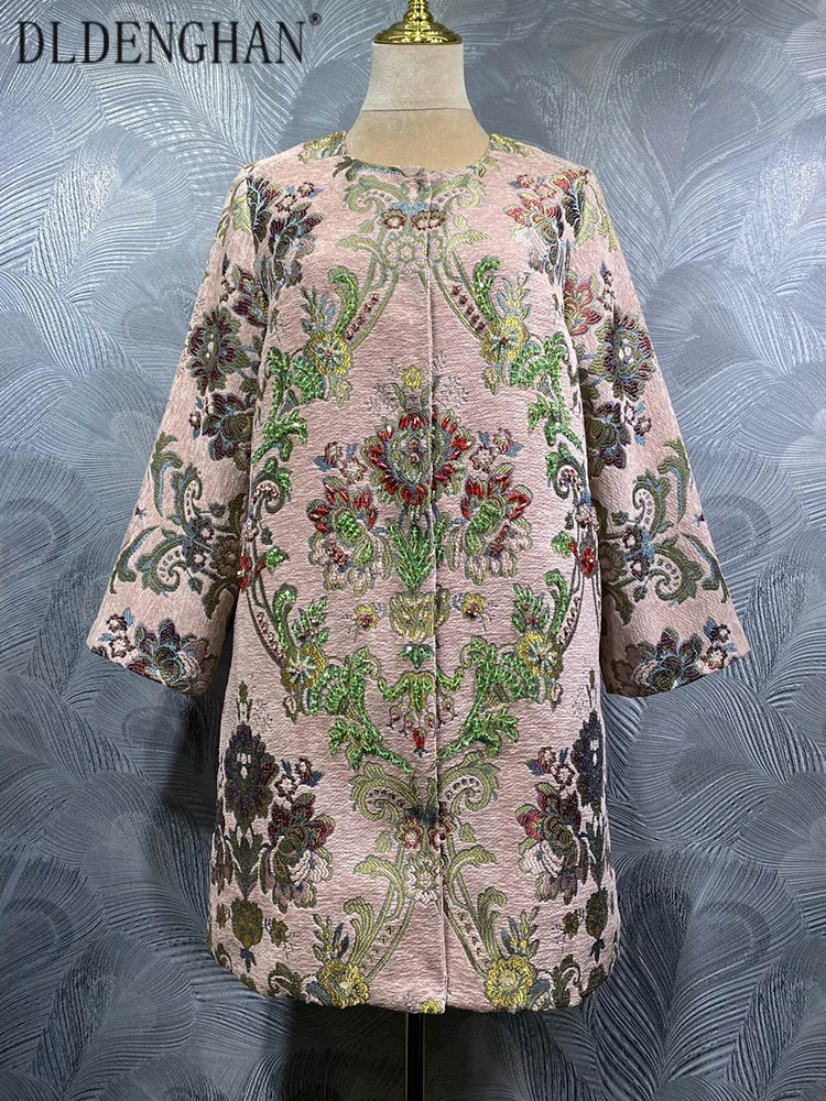 

DLDENGHAN Vintage Concealed button Coat For Women O-Neck Long Sleeves Diamonds Beading Jacquard Outerwear Fashion Autumn Female