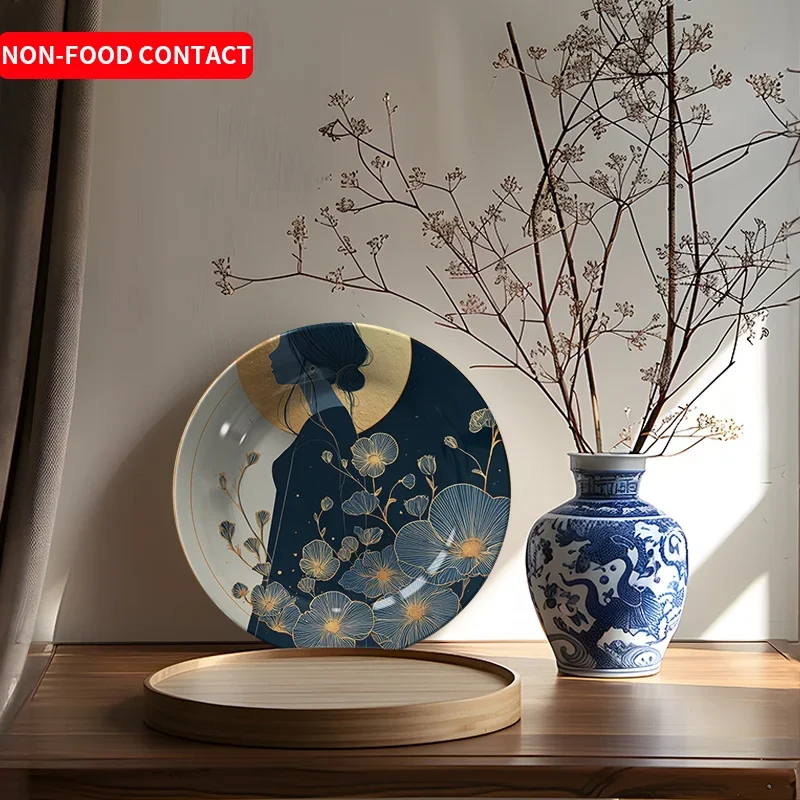 1pc Elegant Ceramic Decorative Plate - Navy Blue & Golden Floral Wall Hanging Dish or Tabletop Decor, Non-Food Contact