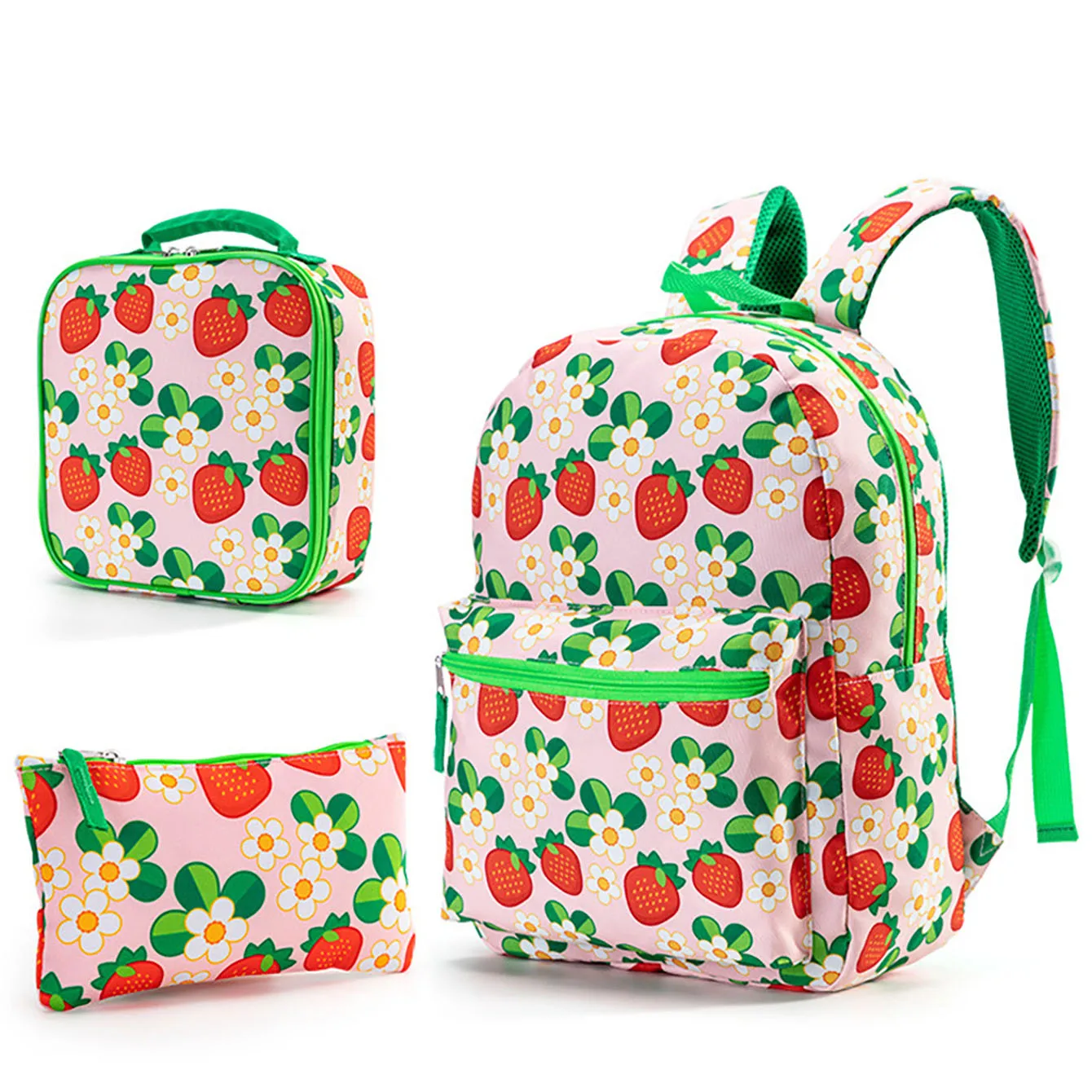 3-Piece Set Large Capcity School Backpack Multi Pockets Bookbags Travel Bag Back To School Strawberry Pattern Lunch Bag