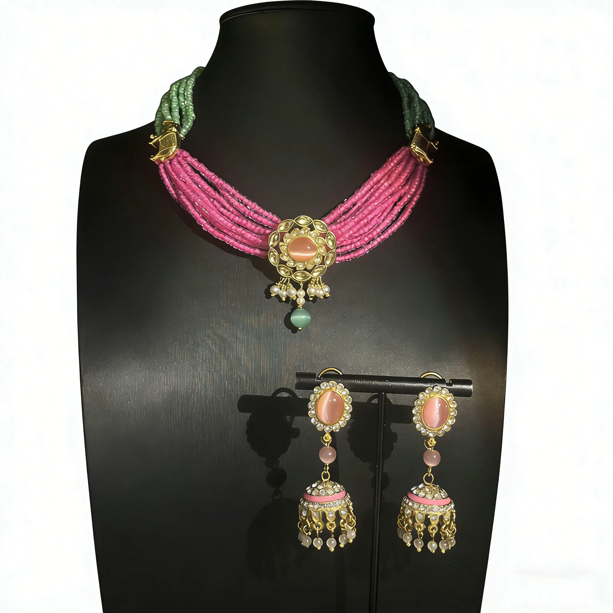 Vintage Multi-Layer Rice Bead Necklace Fresh Pink Glass Lantern Earring Set Elegant Short Necklace Jewelry Accessories for Women