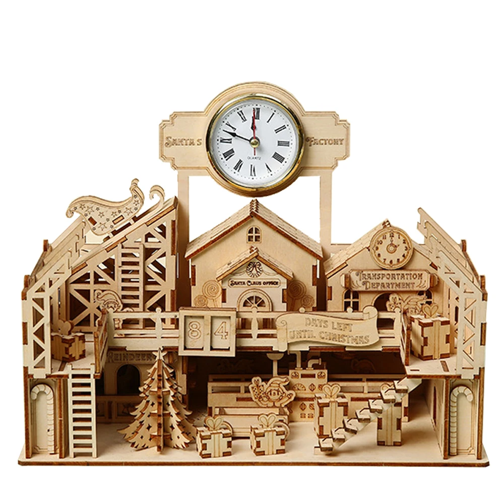 

3D Wooden Puzzle Santa Claus Factory Table Clock Countdown Calendar DIY Model Kit Retro Toy for Kids Adults Christmas Gift