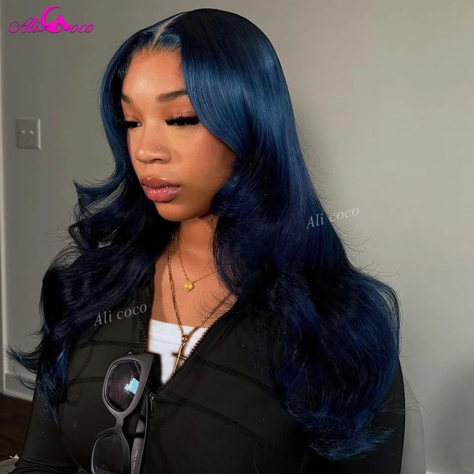 Peluca de cabello humano ondulado azul oscuro transparente 13x6 Frontal de encaje Color azul oscuro peluca Frontal de encaje 13x4 prearrancada para mujeres