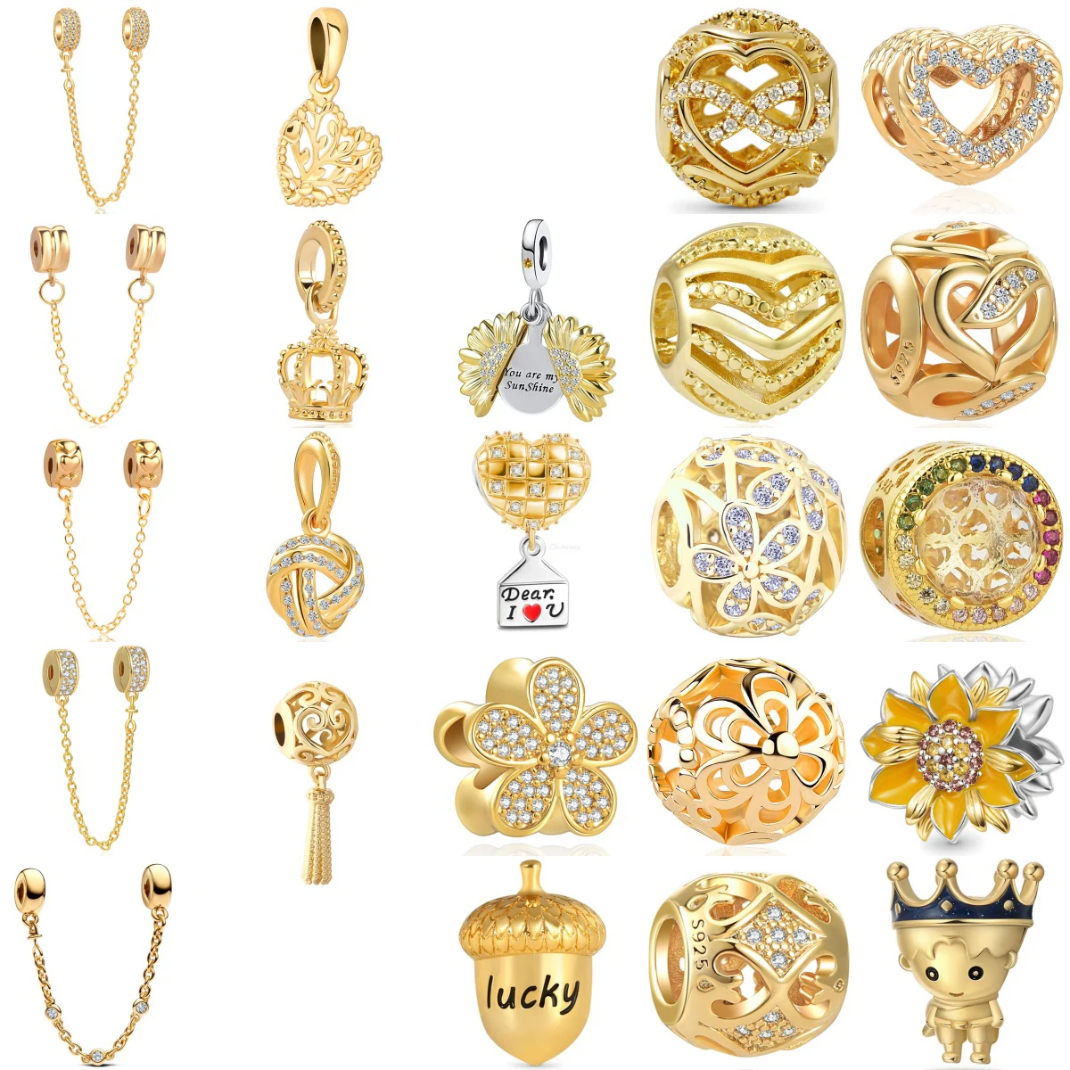 

18k Gold Plated Pine Nuts Crown Charm Fit Original Bracelet Shining Bead DIY Women Jewelry Gift 925 Silver Jewelry Party Gift