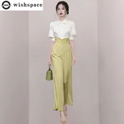 Korean Popular Bubble Sleeve Chiffon Shirt Wide Leg Strap Pants Two-piece Set Elegant Women Pants Set Office Outfits