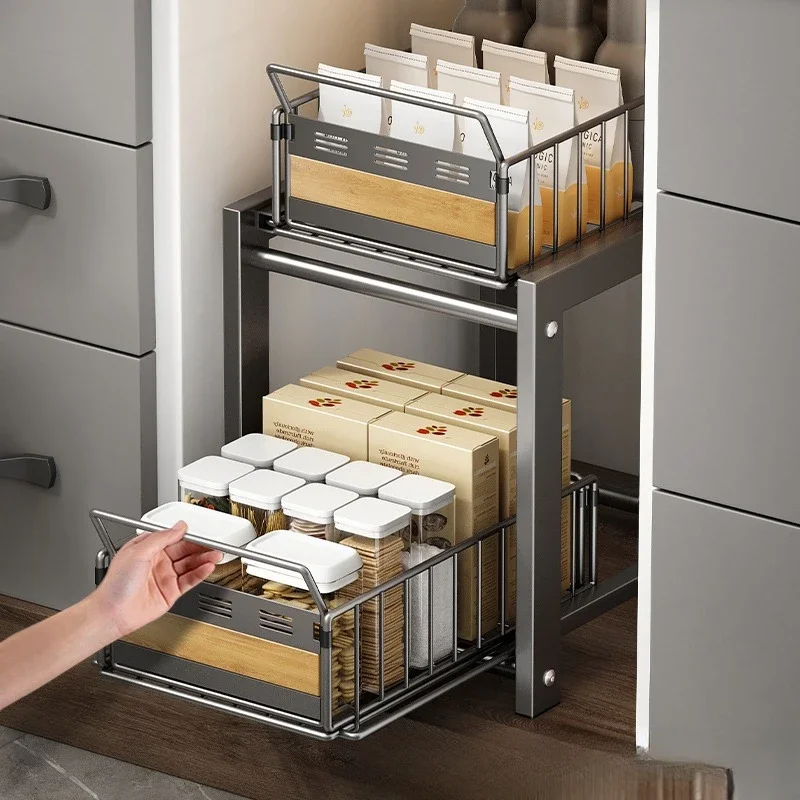 Kitchen Sink Storage Rack Seasoning Dishes Pull-out Basket Sink Storage Cabinet Basket Household Sundries Layered Storage Holder