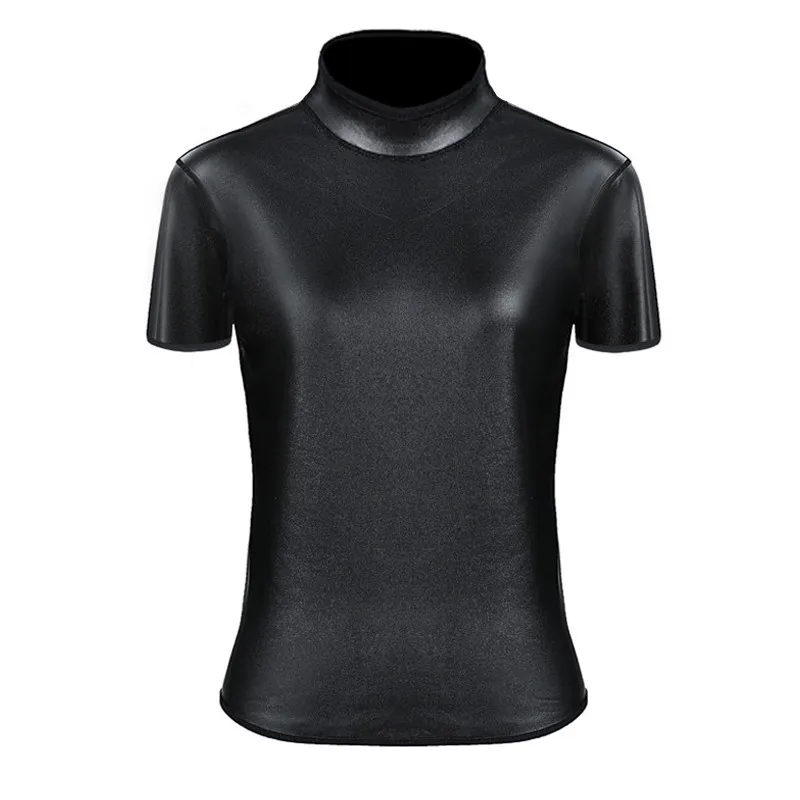 Women Faux Leather Short Sleeve Fitted Tee Shirt Top Body Shaper Waist Trainer Slim Tshirt Fashion High-neck Slim Shapewear tops