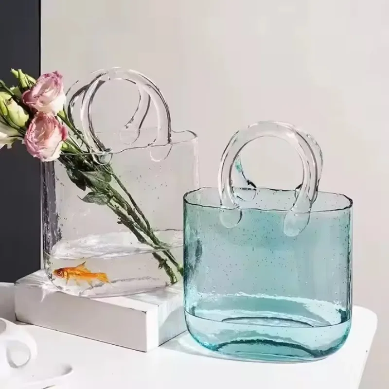 

Handmade modern design glass bag vase wide mouth bubble handbag for home decoration