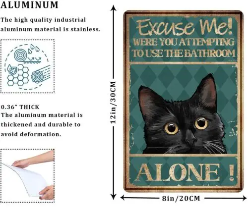 Cat Bathroom Wall Art & Decor - Funny Restroom Sign - Excuse Me Tin Sign 8 x 12