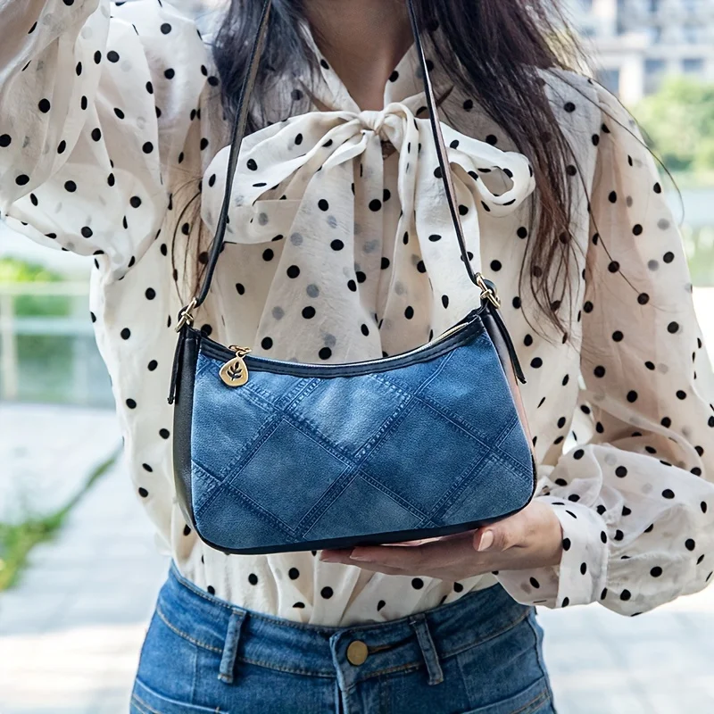 Rhombus Pattern Denim Color Shoulder Bag, Trendy Zipper Underarm Bag, Women's Retro Handbag & Purse
