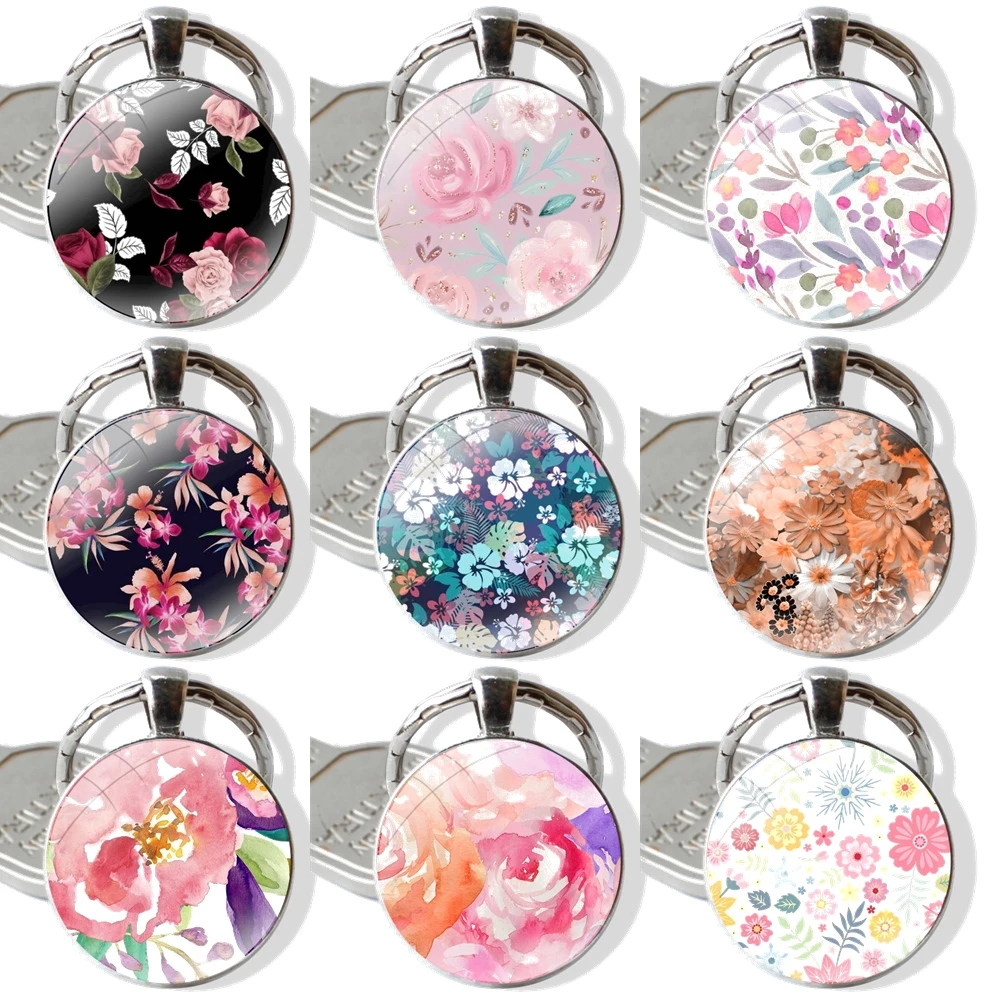 beautiful girly floral flowers aesthetic Glass Metal Pendant Key Chain Classic Men Women Key Ring Accessories Jewelry Gifts