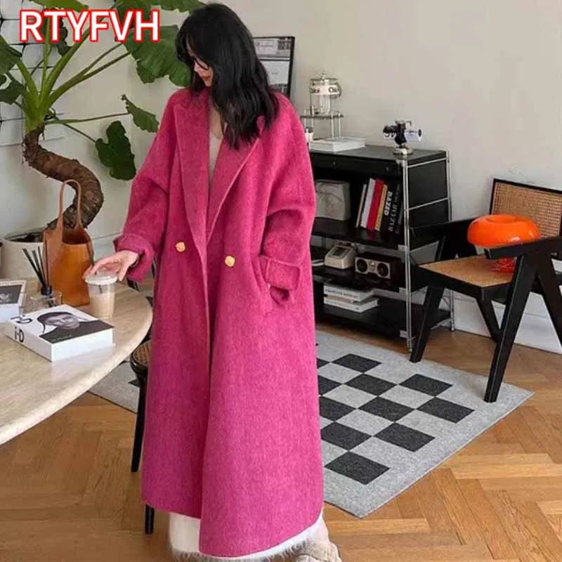 

Elegant Woolen Trench Coat Winter For Women Vintage Windbreakers Jacket Loose Turndown Collar Double Breasted Warm Wool Cardigan