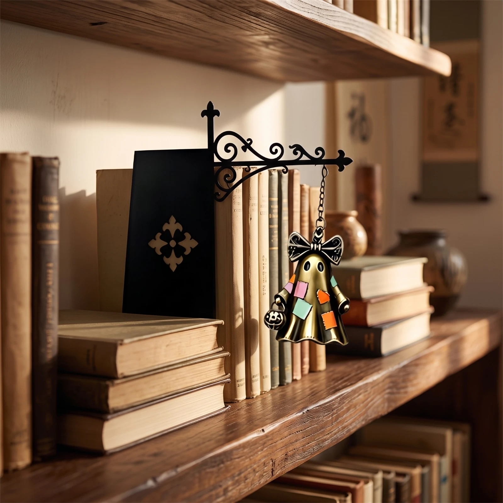 Bookshelf Lamp with Hanging Lantern Ornate Bookshelf Light with Bracket Hanging Lantern with Chain Decorative for Readers