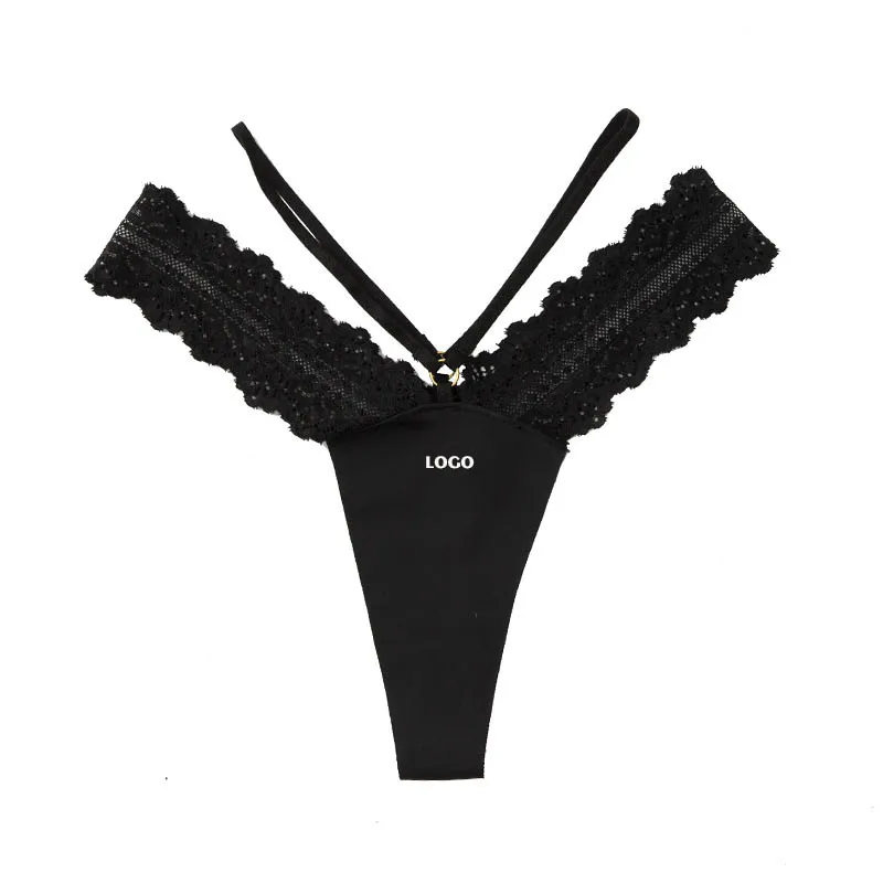

Custom LOGO French Lace Seamless Ice Silk Panties Sexy Strappy T Pants Women's Sports Thong New Products