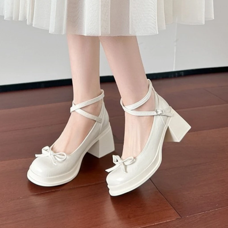 

Женская модная весенняя обувь на высоком каблуке с пряжкой и ремешком, женские элегантные вечерние туфли на толстом каблуке с бантиками