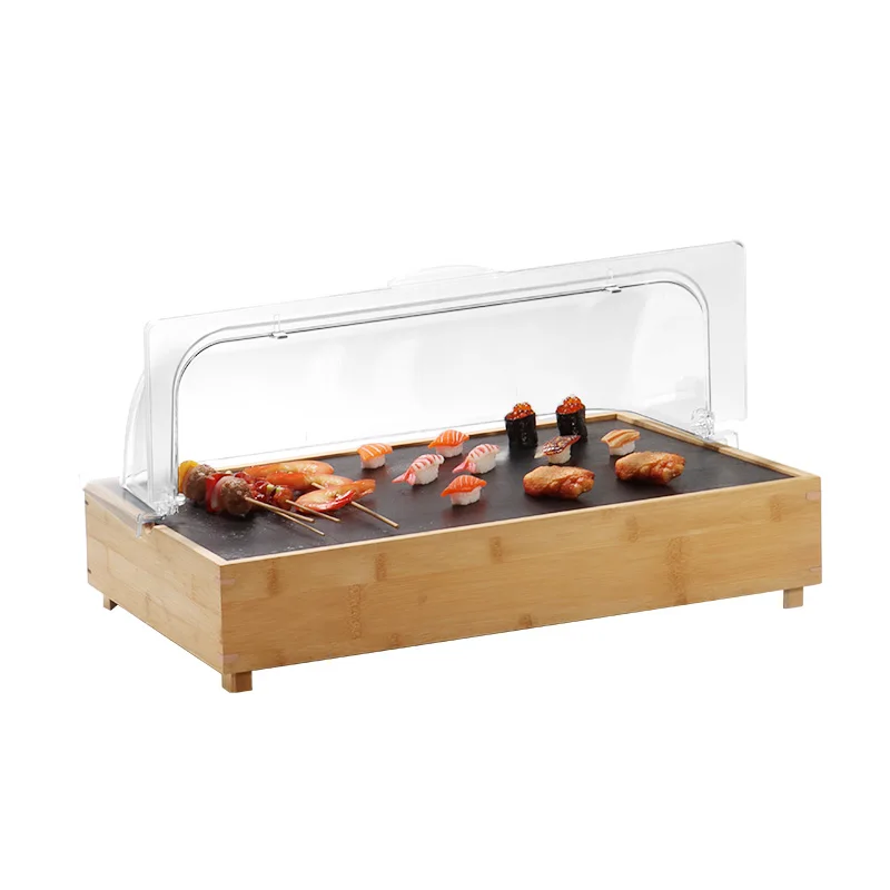 Rectangle Sashimi Salmon Japanese Raw Sushi Plate Cuisine Holder Seafood Wooden Frame Rock Board Display Plate with Lid