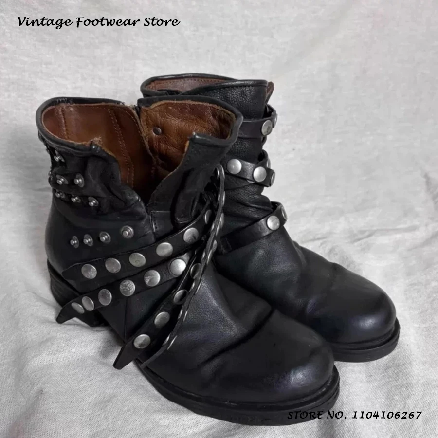Unisex Studded Belt Buckle Ankle Boots Black Round Toe Block Heel Plus Size Shoes Women's Vintage Side Zipper Pleated Booties