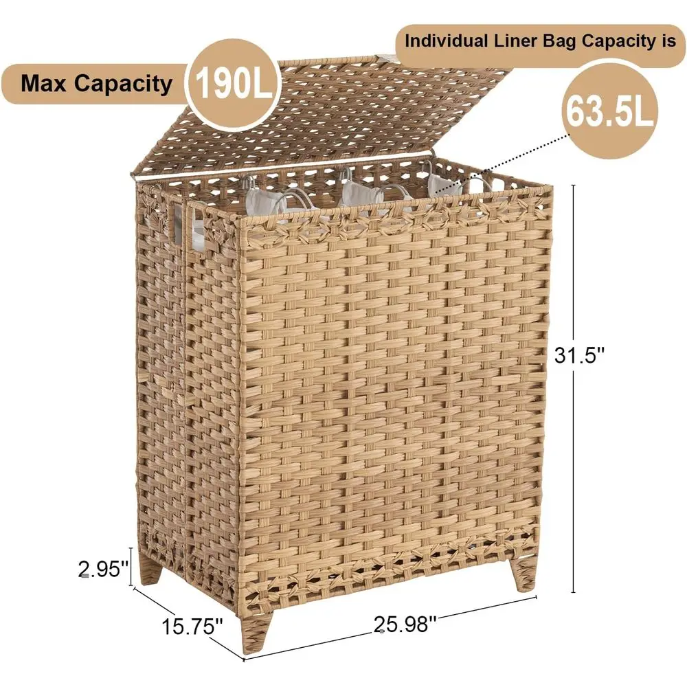 Large 190L 3-Section Rattan Laundry Hamper with Lids, 6 Removable Liners & 3 Mesh Bags, Natural, Easy Assembly