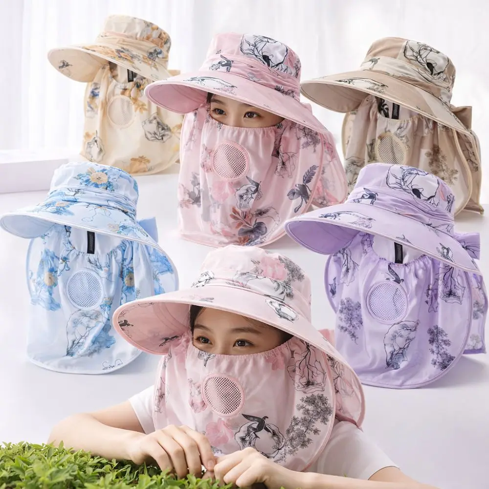 Wide Brim Face Mask Sun Hat UV Protection Lightweight Tea Picking Work Hat Full Wrap Breathable Fisherman's Hat Summer Outdoor