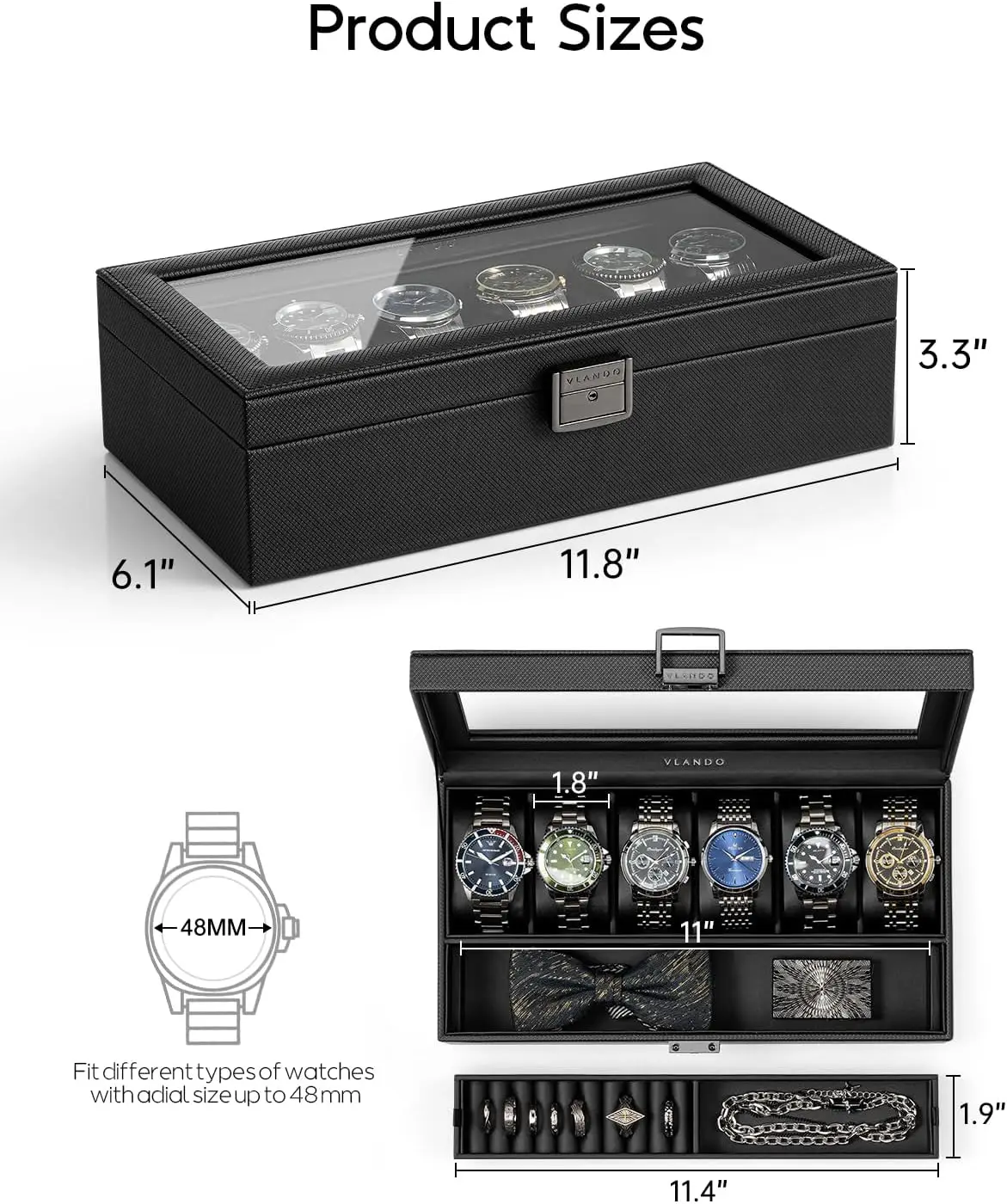 6-Slot Watch Case for Men, Glass Lid Storage Box, Leather Organizer with Soft Pillow, Gift for Dad, Black