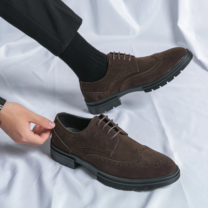 New 46 Large Size Abrasive Leather Brock Carved Business Dress Shoes for Men Round Head Lace-Up Casual Shoes