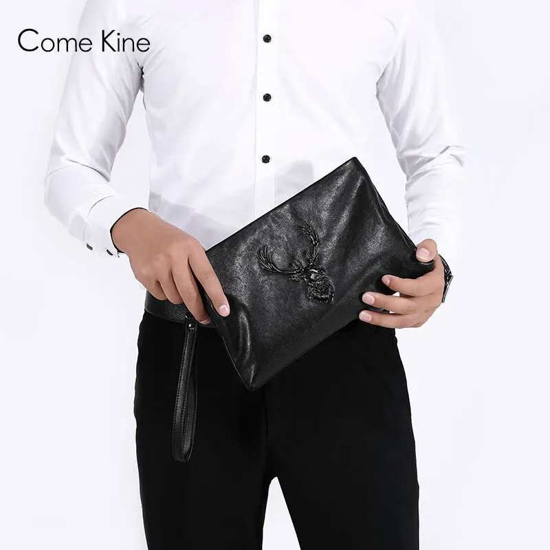 ComeKine Handbag Men's Cowhide 2023 New Tidal Deer Head Envelope Handbag Soft Leather Large Capacity Handbag Business Black