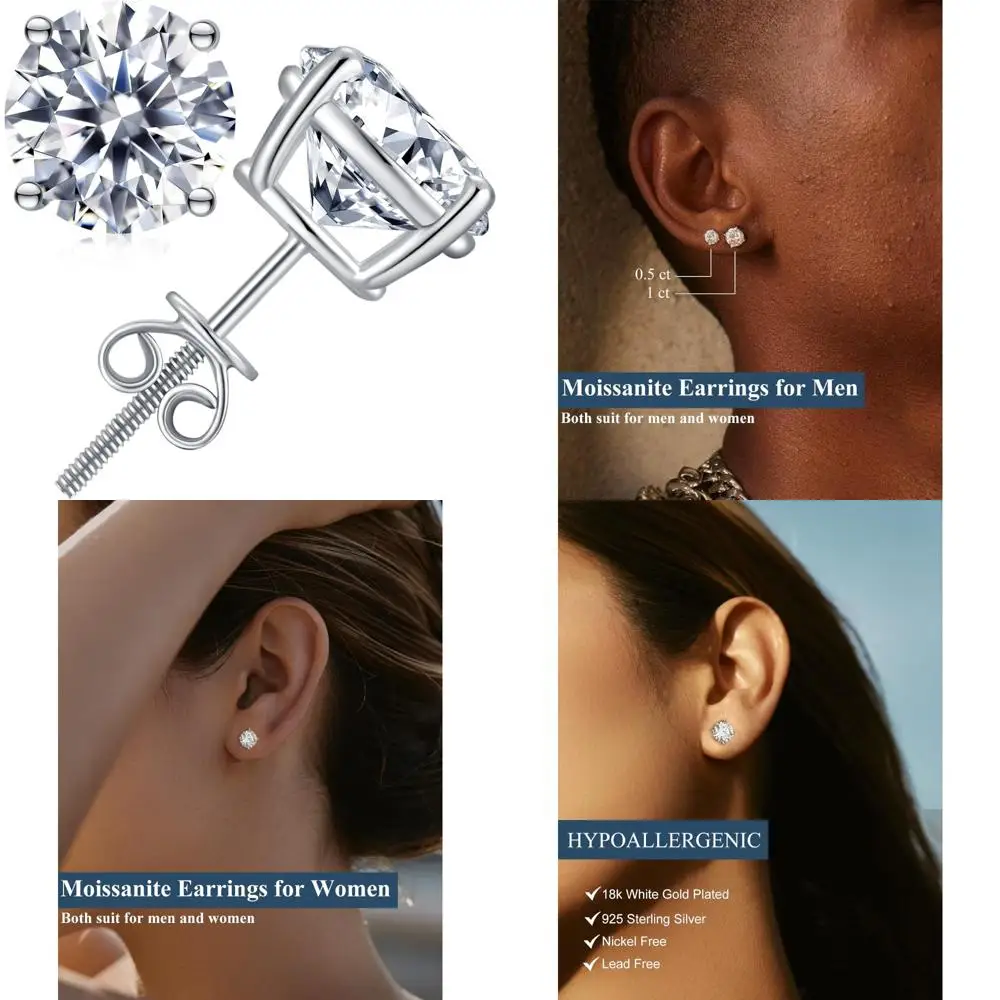 

Hypoallergenic Sterling Silver Moissanite Studs Women's Round Cut D Color VVS1 18K Gold Plated Earrings
