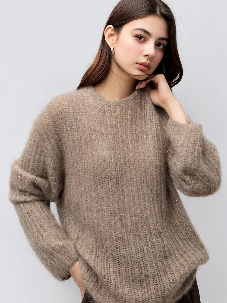 SuyaDream,Women Sparkle Knit Sweater, 100%Wool Crew Neck Hollow Out Loose Pullover, Lightweight Sheer Layering Cover Up Top