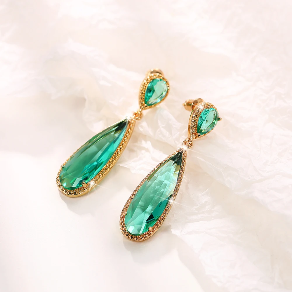 Huitan Gold Color Green/Purple Water Drop Cubic Zirconia Women Hanging Earrings Fashion Contracted Design Luxury Female Jewelry image 5