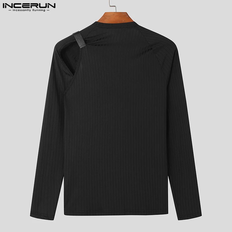 2023 Men T Shirts O-neck Long Sleeve Hollow Out Patchwork Irregular Tee Tops Fitness Streetwear Fashion Men Clothing INCERUN